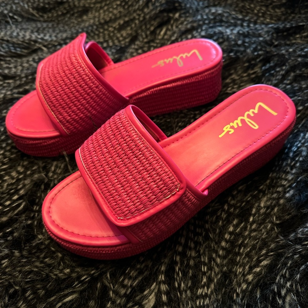 Lulu's Evolet Pink Raffia Platform Slide Sandals